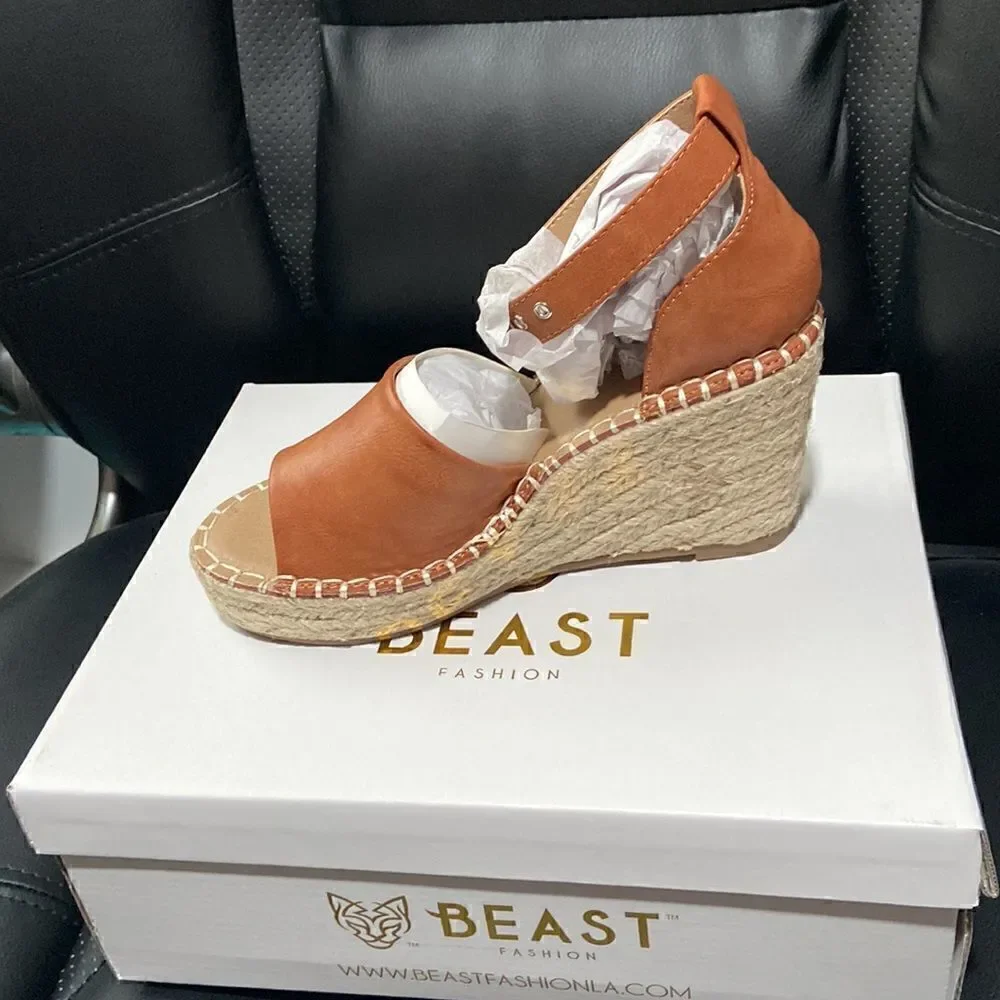 68. Beautiful Brown/Tan Faux Leather Wedges with Beige Rope detail on the Wedge